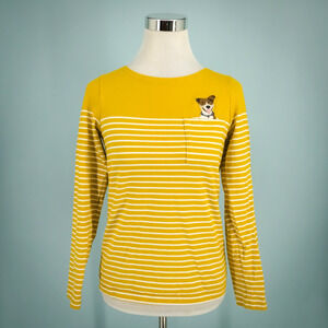 Joules Size 2 Yellow White Stripe Embroidered Dog Harbour Crew Long Sleeve Top